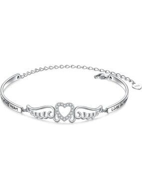 Sterling Silver Heart in Heaven Bracelet with Angel Wings | Memorial Jewelry